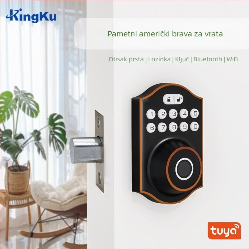 Pametni brava s otiskom prsta i lozinkom za drvena vrata spavaće sobe, model D6/D7, kapacitet 100 otisaka prsta, skeniranje 0,05 s, radna temperatura -25°C do 45°C, napajanje 4 AA baterije