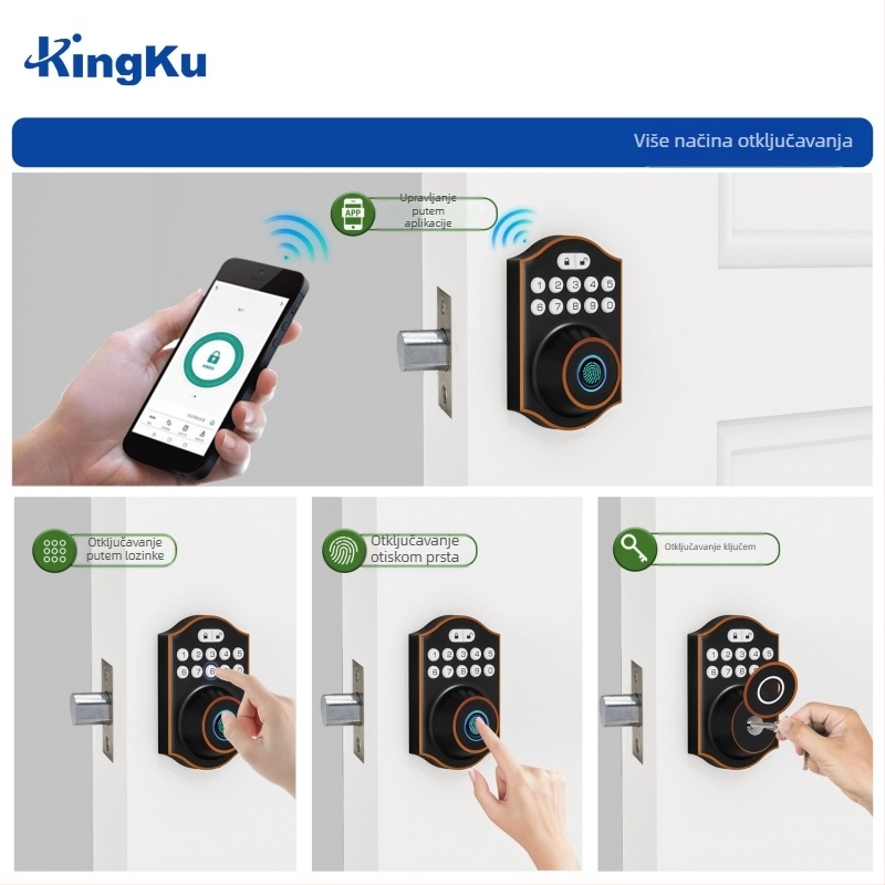 Pametni brava s otiskom prsta i lozinkom za drvena vrata spavaće sobe, model D6/D7, kapacitet 100 otisaka prsta, skeniranje 0,05 s, radna temperatura -25°C do 45°C, napajanje 4 AA baterije