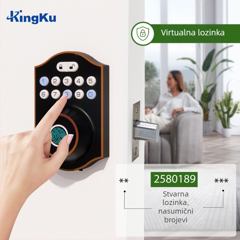 Pametni brava s otiskom prsta i lozinkom za drvena vrata spavaće sobe, model D6/D7, kapacitet 100 otisaka prsta, skeniranje 0,05 s, radna temperatura -25°C do 45°C, napajanje 4 AA baterije