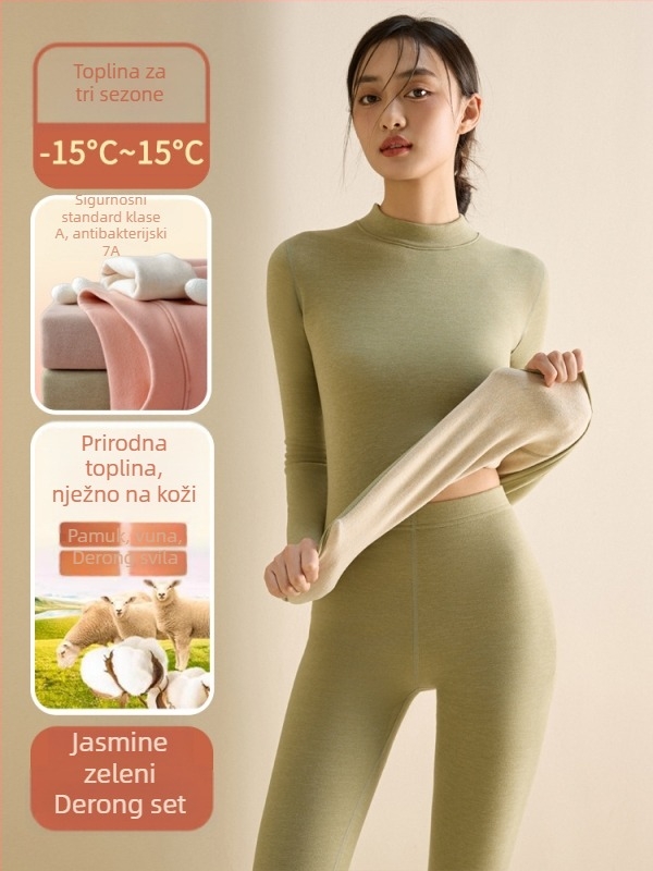 Ženski termalni set donjeg rublja od poliesterskog vlakna, polu-visoki ovratnik, dvostruki sloj, gusta tkanina 251-300 g/m², baršunasta podstava