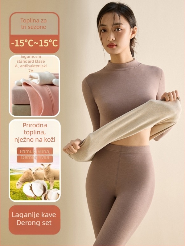 Ženski termalni set donjeg rublja od poliesterskog vlakna, polu-visoki ovratnik, dvostruki sloj, gusta tkanina 251-300 g/m², baršunasta podstava