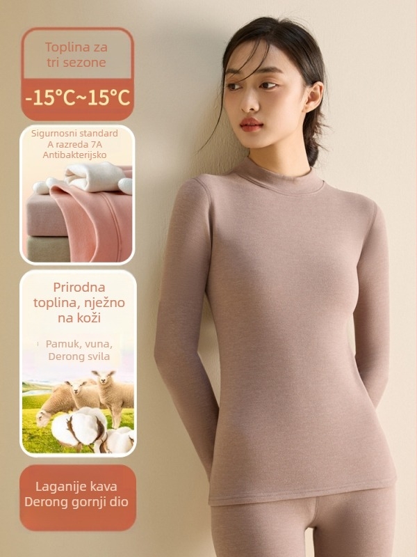 Ženski termalni set donjeg rublja od poliesterskog vlakna, polu-visoki ovratnik, dvostruki sloj, gusta tkanina 251-300 g/m², baršunasta podstava