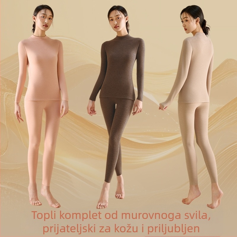 Ženski termalni set donjeg rublja od poliesterskog vlakna, polu-visoki ovratnik, dvostruki sloj, gusta tkanina 251-300 g/m², baršunasta podstava