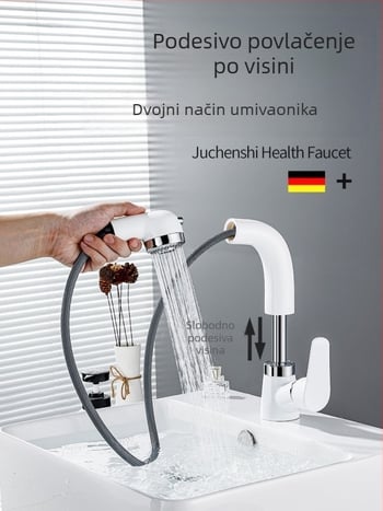 Bakreni izvlačni slavine za umivaonik, model JY-8057, okretni, keramički kartridž, vertikalna ugradnja