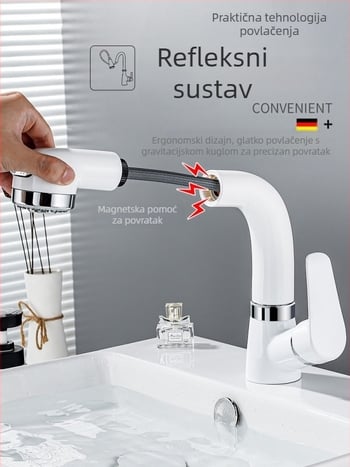 Bakreni izvlačni slavine za umivaonik, model JY-8057, okretni, keramički kartridž, vertikalna ugradnja