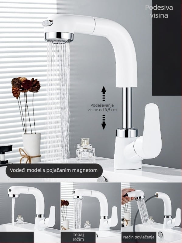 Bakreni izvlačni slavine za umivaonik, model JY-8057, okretni, keramički kartridž, vertikalna ugradnja