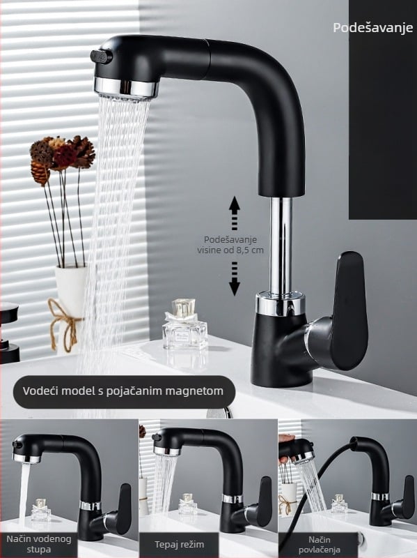 Bakreni izvlačni slavine za umivaonik, model JY-8057, okretni, keramički kartridž, vertikalna ugradnja