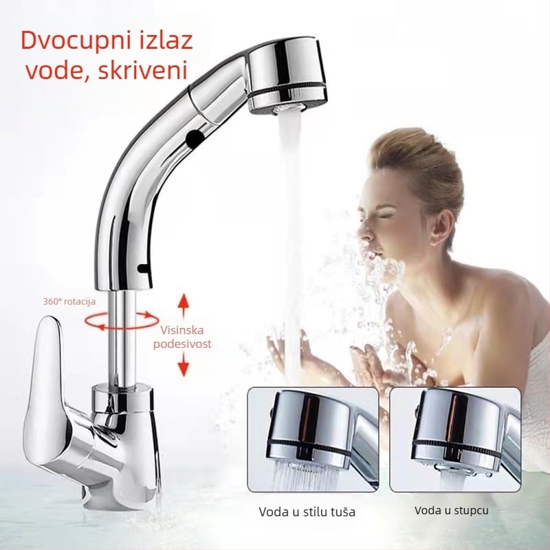 Bakreni izvlačni slavine za umivaonik, model JY-8057, okretni, keramički kartridž, vertikalna ugradnja