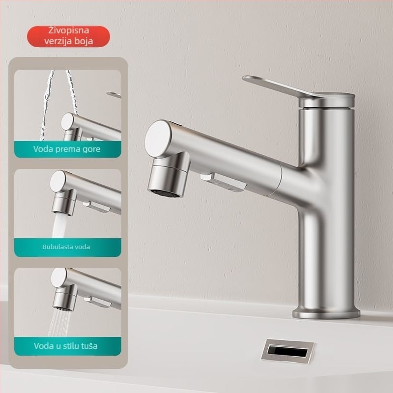 Bakreni izvlačni slavine za umivaonik, model JY-8057, okretni, keramički kartridž, vertikalna ugradnja