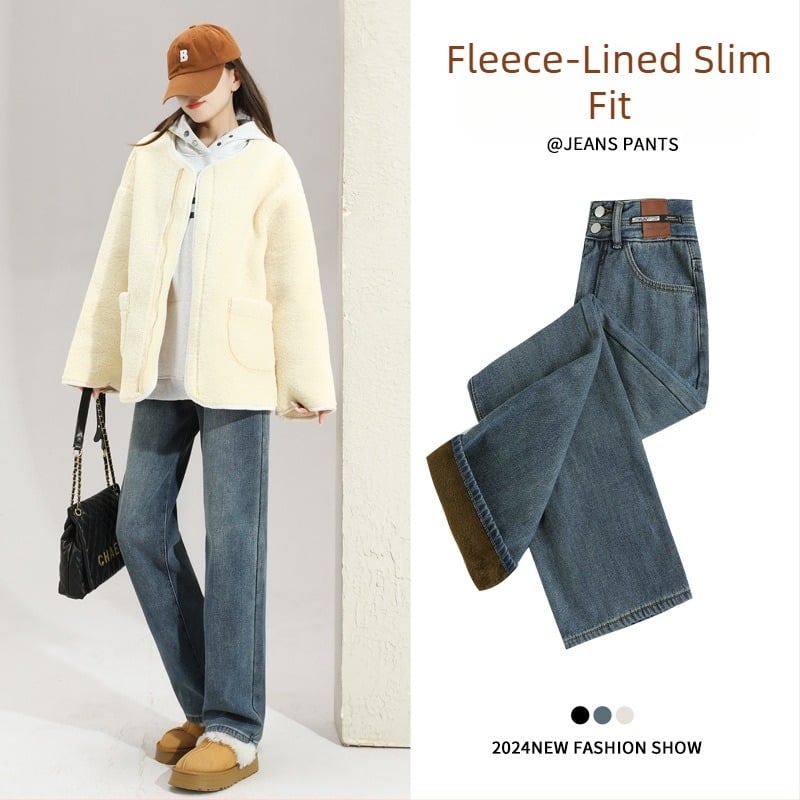 Ženske traperice s flecom, ravni kroj, visokim strukom, pamuk denim, jesen 2025