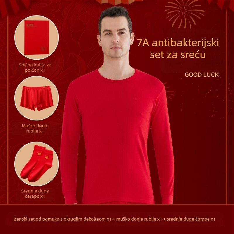 Muški termalni set od 100% pamuka, antibakterijski, tri sloja, ekstra debeli 501–600 g/m², dugi rukav, ovratnik s jednim redom, uključuje hlače