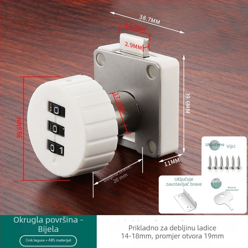 Brava s numeričkim kodom za ladice i ormariće — materijal: cink legura + ABS; model: brava s numeričkim kodom; opseg primjene: ladice, ormarići, arhivski ormarići; tip: brojčani kod; otključavanje: lozinka