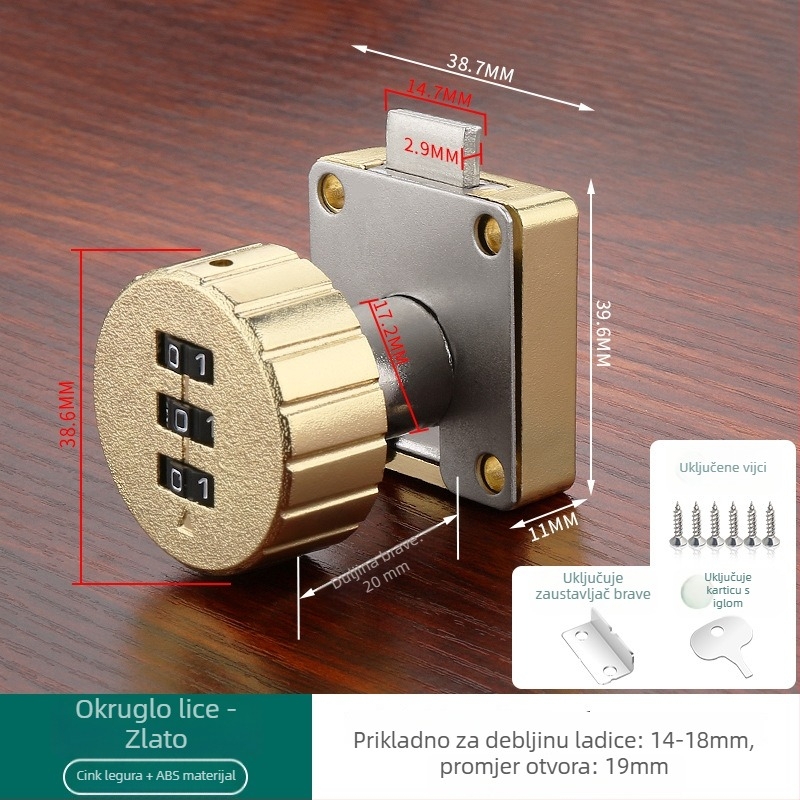 Brava s numeričkim kodom za ladice i ormariće — materijal: cink legura + ABS; model: brava s numeričkim kodom; opseg primjene: ladice, ormarići, arhivski ormarići; tip: brojčani kod; otključavanje: lozinka