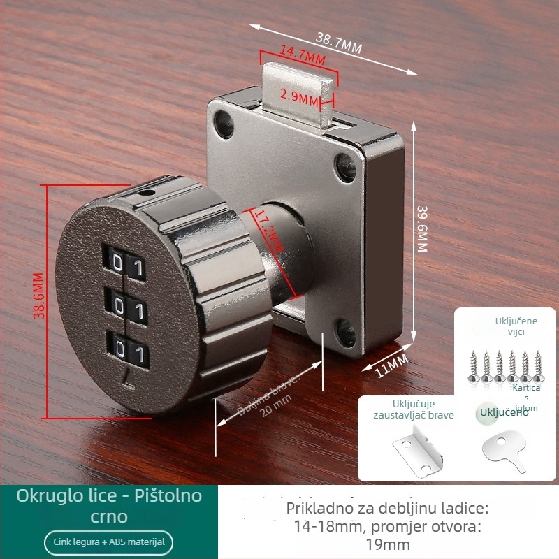 Brava s numeričkim kodom za ladice i ormariće — materijal: cink legura + ABS; model: brava s numeričkim kodom; opseg primjene: ladice, ormarići, arhivski ormarići; tip: brojčani kod; otključavanje: lozinka