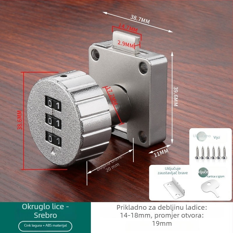 Brava s numeričkim kodom za ladice i ormariće — materijal: cink legura + ABS; model: brava s numeričkim kodom; opseg primjene: ladice, ormarići, arhivski ormarići; tip: brojčani kod; otključavanje: lozinka