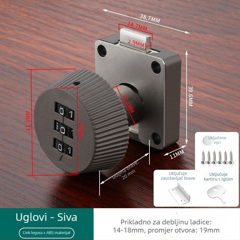 Brava s numeričkim kodom za ladice i ormariće — materijal: cink legura + ABS; model: brava s numeričkim kodom; opseg primjene: ladice, ormarići, arhivski ormarići; tip: brojčani kod; otključavanje: lozinka