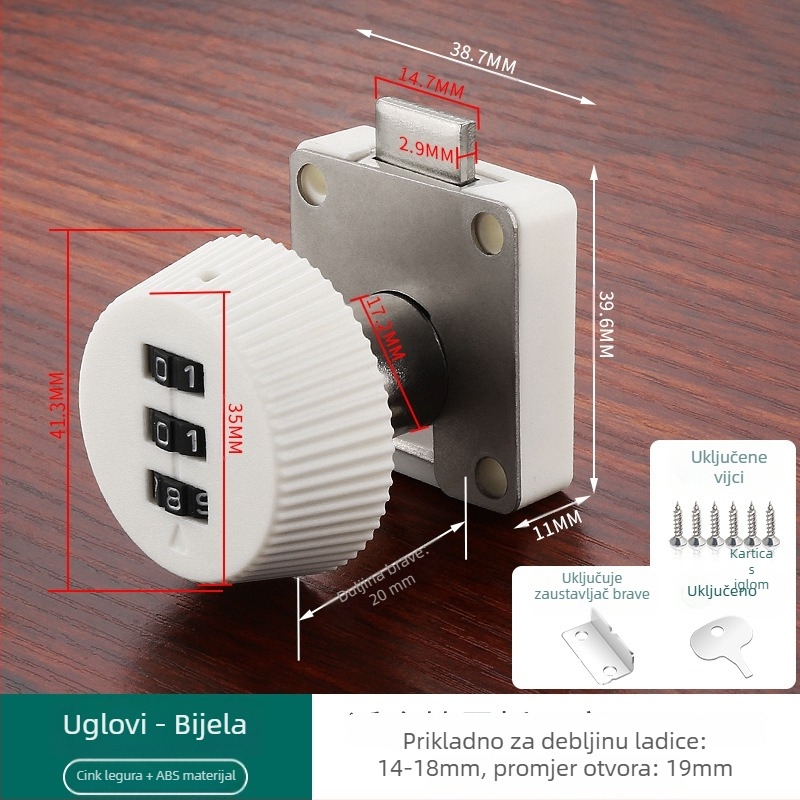 Brava s numeričkim kodom za ladice i ormariće — materijal: cink legura + ABS; model: brava s numeričkim kodom; opseg primjene: ladice, ormarići, arhivski ormarići; tip: brojčani kod; otključavanje: lozinka