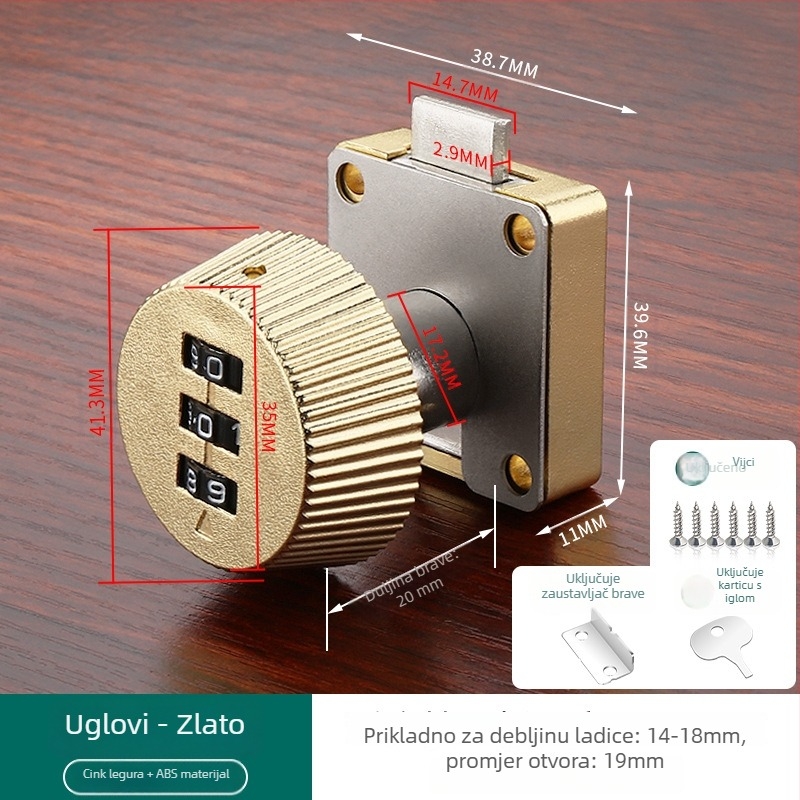 Brava s numeričkim kodom za ladice i ormariće — materijal: cink legura + ABS; model: brava s numeričkim kodom; opseg primjene: ladice, ormarići, arhivski ormarići; tip: brojčani kod; otključavanje: lozinka