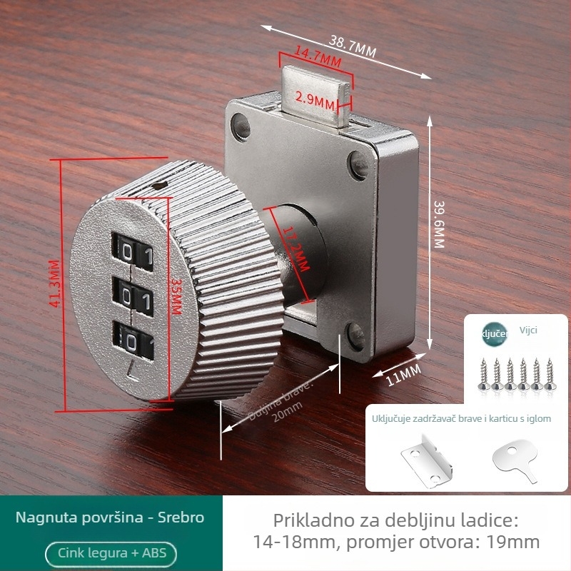 Brava s numeričkim kodom za ladice i ormariće — materijal: cink legura + ABS; model: brava s numeričkim kodom; opseg primjene: ladice, ormarići, arhivski ormarići; tip: brojčani kod; otključavanje: lozinka