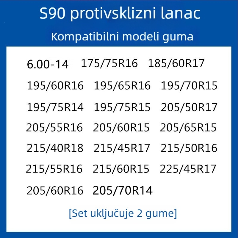 Gumeni protuklizni trak za gume za automobile, SUV i kombije — univerzalni, oko 4 kg, mogućnost ugradnje, odgovara 205/55R16, 235/55R18, 225/65R17