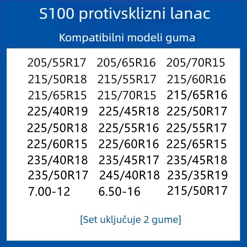 Gumeni protuklizni trak za gume za automobile, SUV i kombije — univerzalni, oko 4 kg, mogućnost ugradnje, odgovara 205/55R16, 235/55R18, 225/65R17