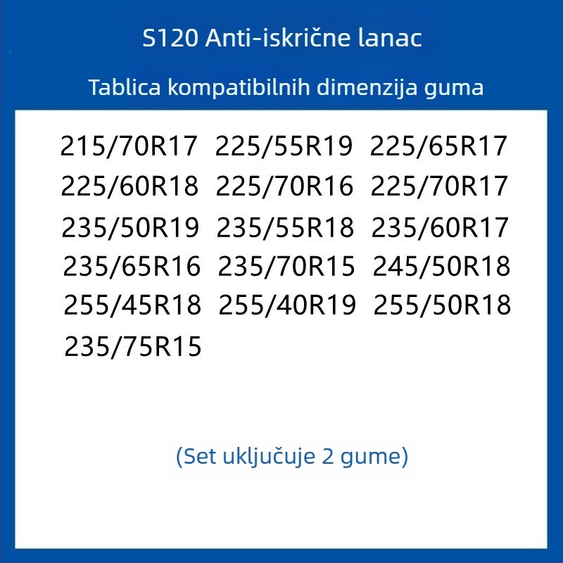 Gumeni protuklizni trak za gume za automobile, SUV i kombije — univerzalni, oko 4 kg, mogućnost ugradnje, odgovara 205/55R16, 235/55R18, 225/65R17