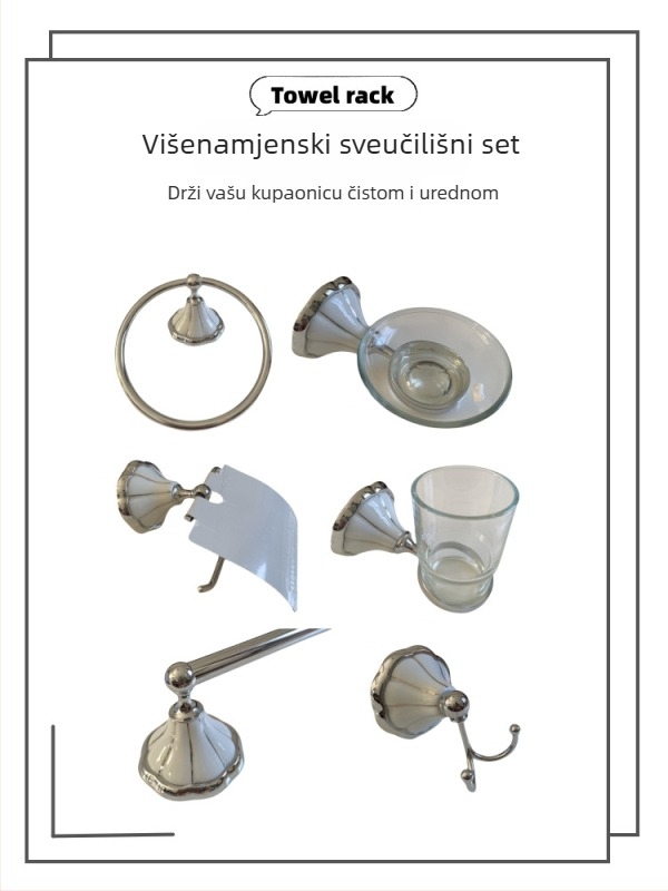 Ruichi Bathroom Držač za ručnike od cinkove legure, kromirana prevlaka, šestodjelni set, moderan stil