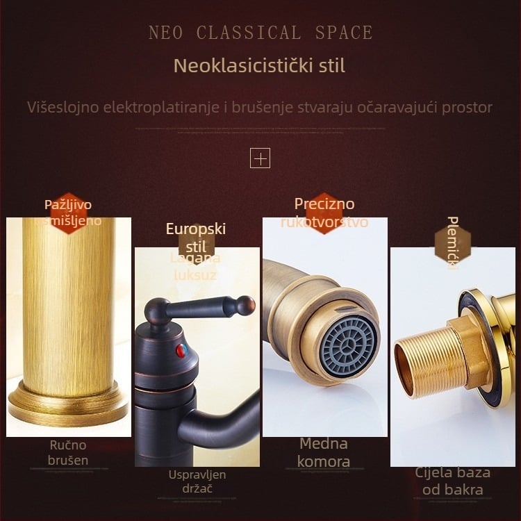 Mosazni europski antik slavina za umivaonik kupaonice, topla i hladna, s jednim otvorom, na ploču, visok profil, keramički disk ventil, model FG76-09