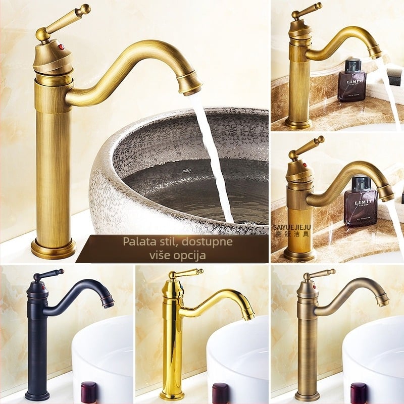 Mosazni europski antik slavina za umivaonik kupaonice, topla i hladna, s jednim otvorom, na ploču, visok profil, keramički disk ventil, model FG76-09