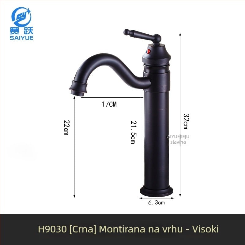 Mosazni europski antik slavina za umivaonik kupaonice, topla i hladna, s jednim otvorom, na ploču, visok profil, keramički disk ventil, model FG76-09