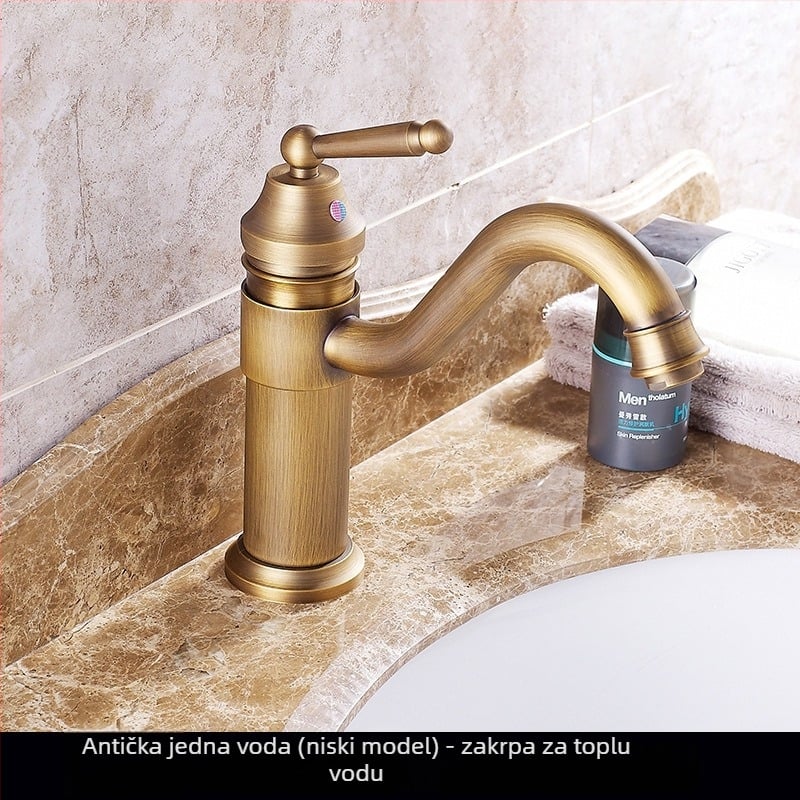Mosazni europski antik slavina za umivaonik kupaonice, topla i hladna, s jednim otvorom, na ploču, visok profil, keramički disk ventil, model FG76-09