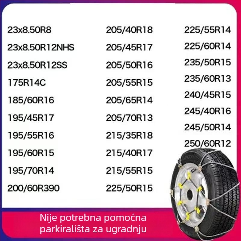 Univerzalni sigurnosni lanac od čeličnog užeta za automobile i SUV, za gume 165–265 mm, težina 5–10 kg, čelična konstrukcija