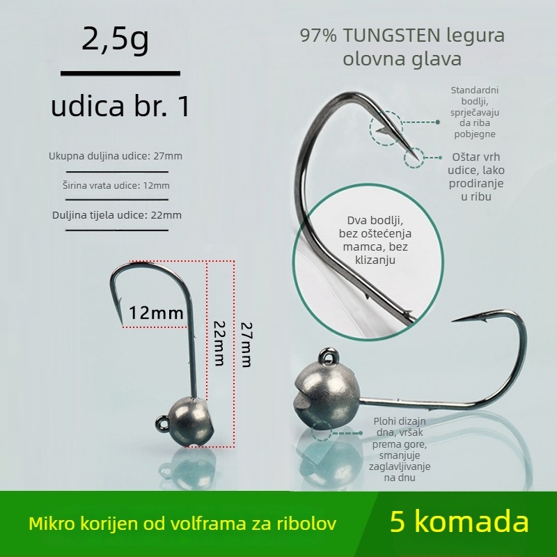 Kuka za ribolov s glavom od volframovog čelika, bez bodlja, za crnog basa, protiv zaplitanja, ribolov u jezeru