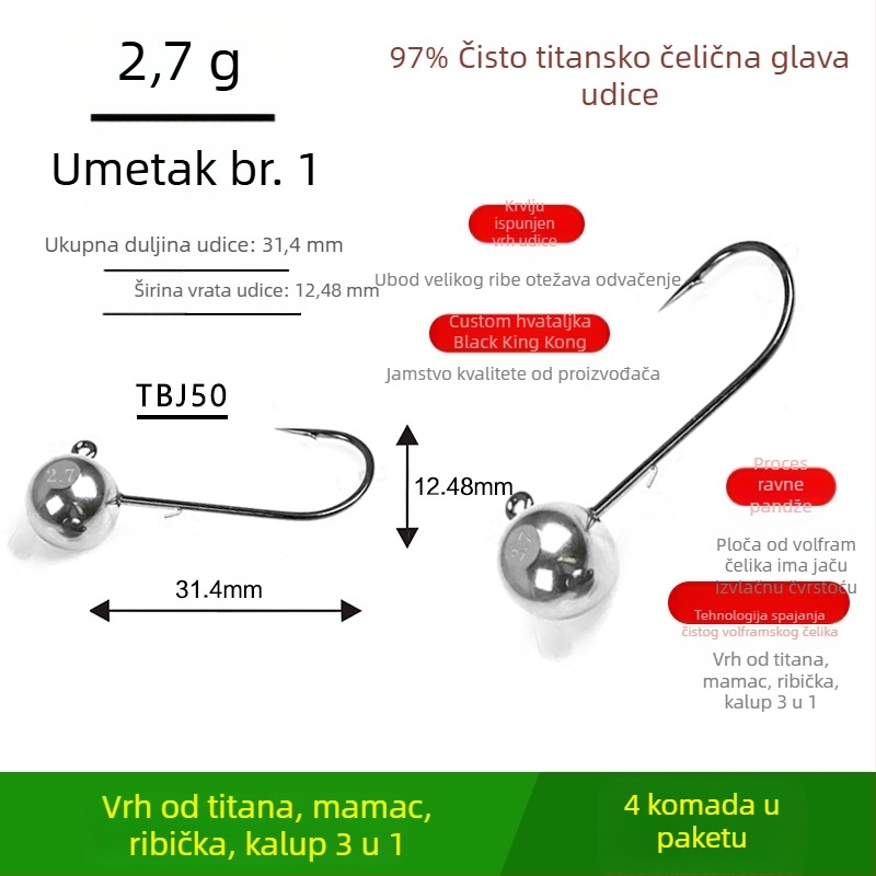 Kuka za ribolov s glavom od volframovog čelika, bez bodlja, za crnog basa, protiv zaplitanja, ribolov u jezeru