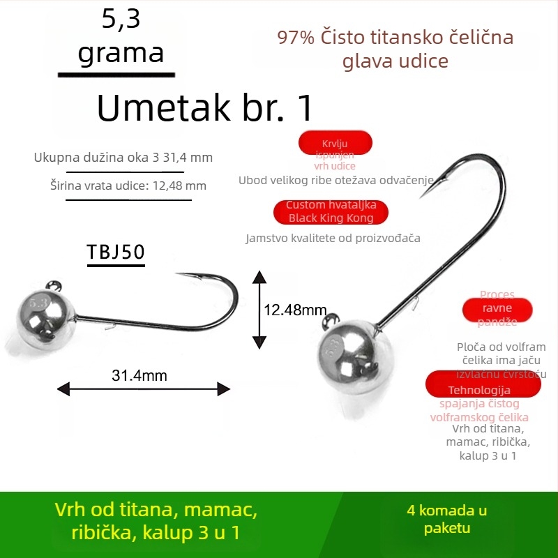 Kuka za ribolov s glavom od volframovog čelika, bez bodlja, za crnog basa, protiv zaplitanja, ribolov u jezeru