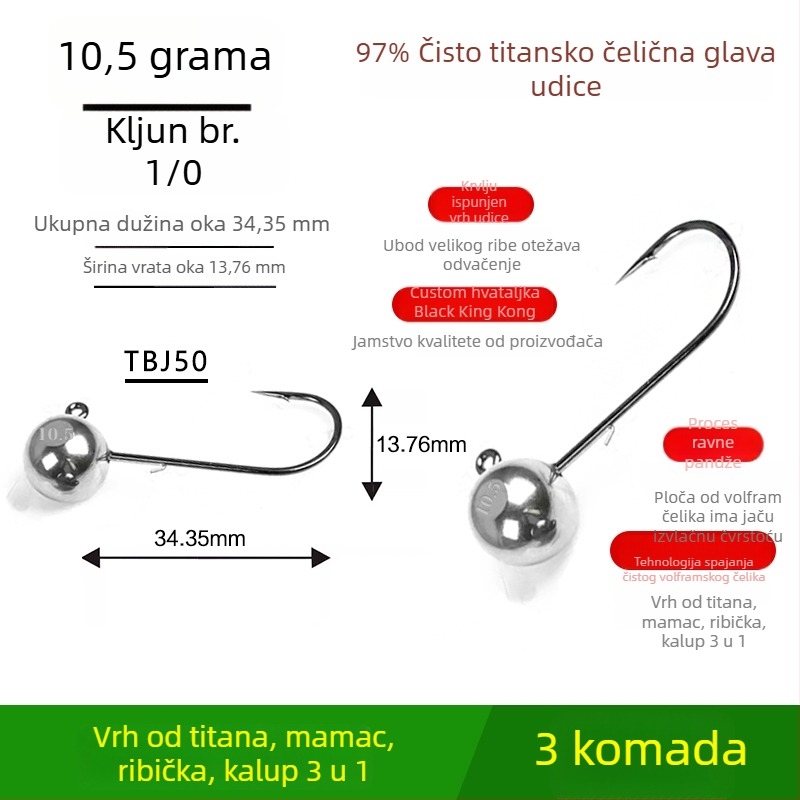 Kuka za ribolov s glavom od volframovog čelika, bez bodlja, za crnog basa, protiv zaplitanja, ribolov u jezeru