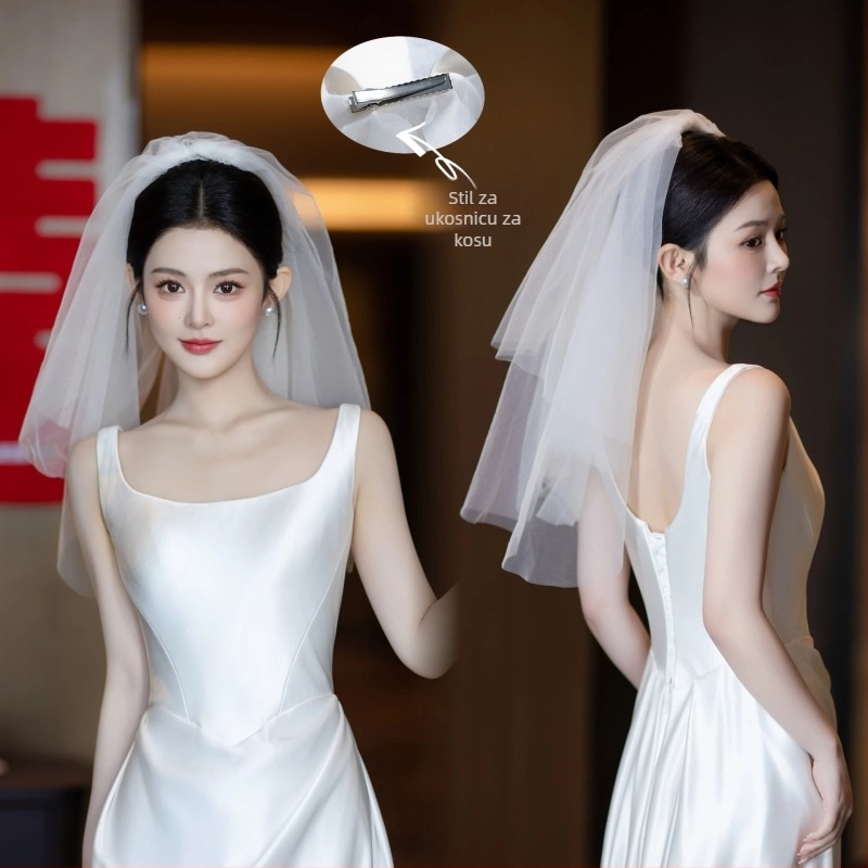 Mrežasti vjenčani veo za kosu, jednostavan ženski stil, dvostruki sloj s oblikom mašne