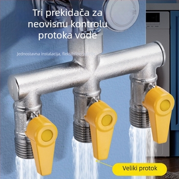 Bakarni vodeni razvodnik za slavinu, 1 ulaz, 3 izlaza, navojni priključak, 0–90°C