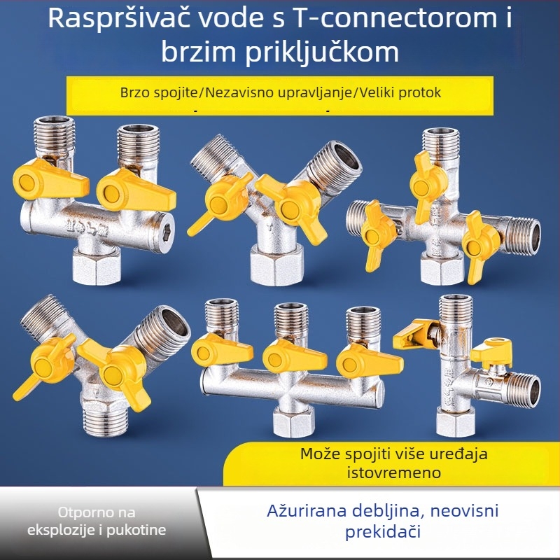 Bakarni vodeni razvodnik za slavinu, 1 ulaz, 3 izlaza, navojni priključak, 0–90°C