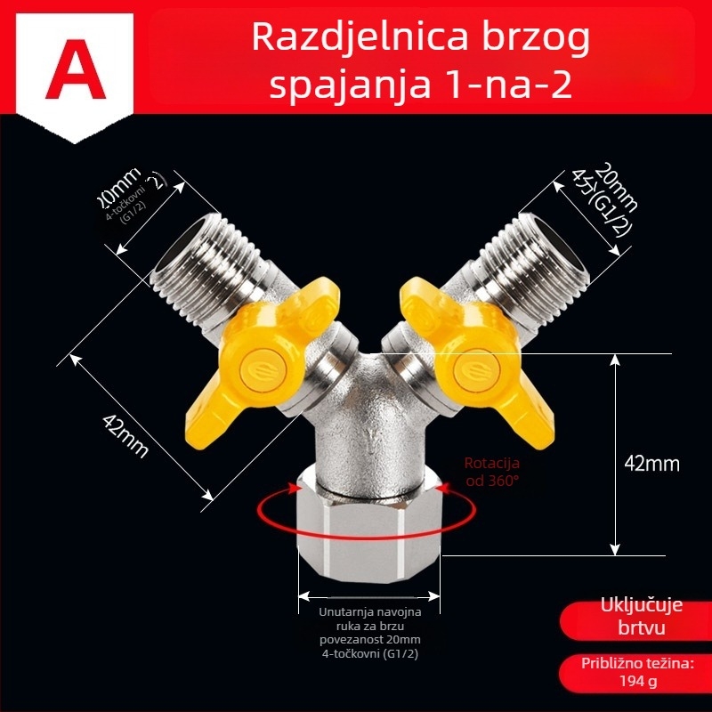 Bakarni vodeni razvodnik za slavinu, 1 ulaz, 3 izlaza, navojni priključak, 0–90°C