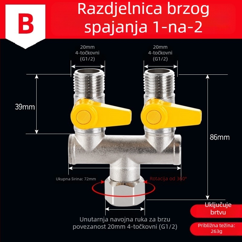 Bakarni vodeni razvodnik za slavinu, 1 ulaz, 3 izlaza, navojni priključak, 0–90°C