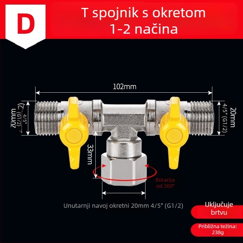Bakarni vodeni razvodnik za slavinu, 1 ulaz, 3 izlaza, navojni priključak, 0–90°C