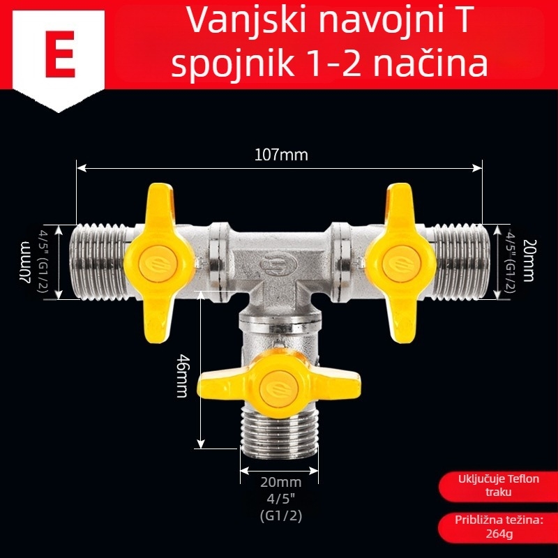 Bakarni vodeni razvodnik za slavinu, 1 ulaz, 3 izlaza, navojni priključak, 0–90°C