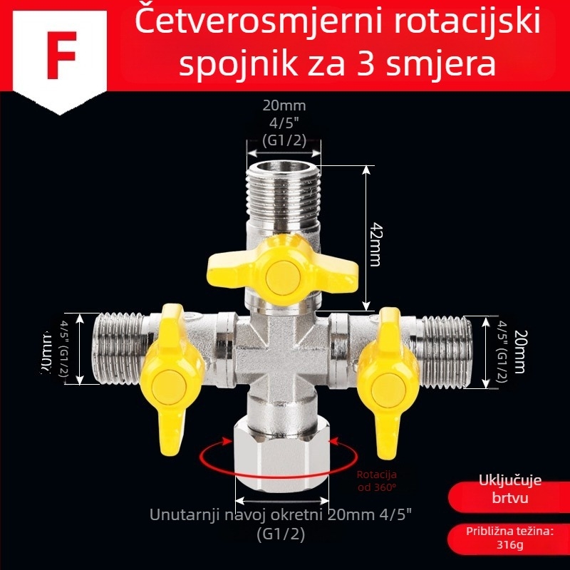Bakarni vodeni razvodnik za slavinu, 1 ulaz, 3 izlaza, navojni priključak, 0–90°C