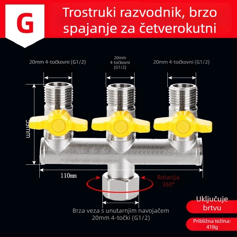 Bakarni vodeni razvodnik za slavinu, 1 ulaz, 3 izlaza, navojni priključak, 0–90°C