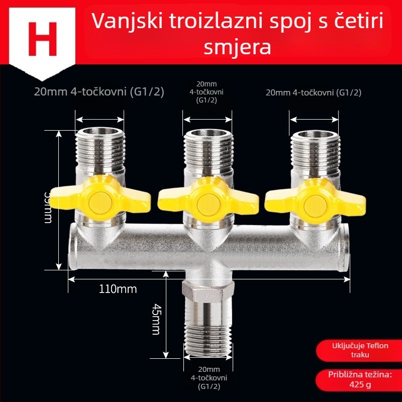 Bakarni vodeni razvodnik za slavinu, 1 ulaz, 3 izlaza, navojni priključak, 0–90°C