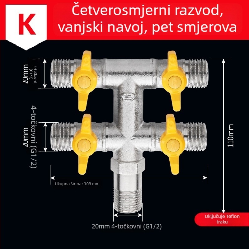 Bakarni vodeni razvodnik za slavinu, 1 ulaz, 3 izlaza, navojni priključak, 0–90°C