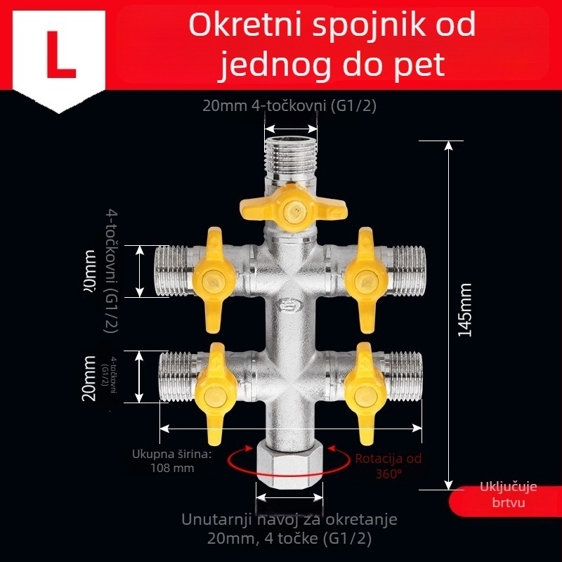 Bakarni vodeni razvodnik za slavinu, 1 ulaz, 3 izlaza, navojni priključak, 0–90°C