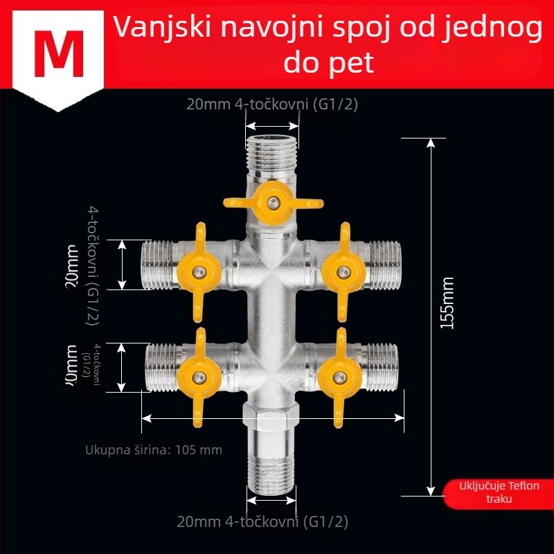 Bakarni vodeni razvodnik za slavinu, 1 ulaz, 3 izlaza, navojni priključak, 0–90°C