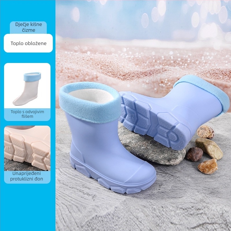 Dječje PVC čizme za kišu, unisex, niski nadkoljenik, ravna potplata, fleec obloga, četiri sezone, uzrast 4–16 godina
